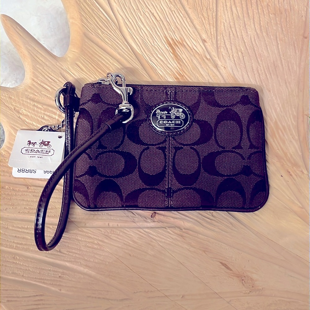 Coach Sutton Signature Wristlet 43996 Brown Jacquard Zippered Pouch Leather Trim